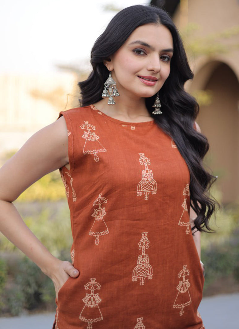 Rust Folk Art Printed Cotton Outwear Kurti And Pant