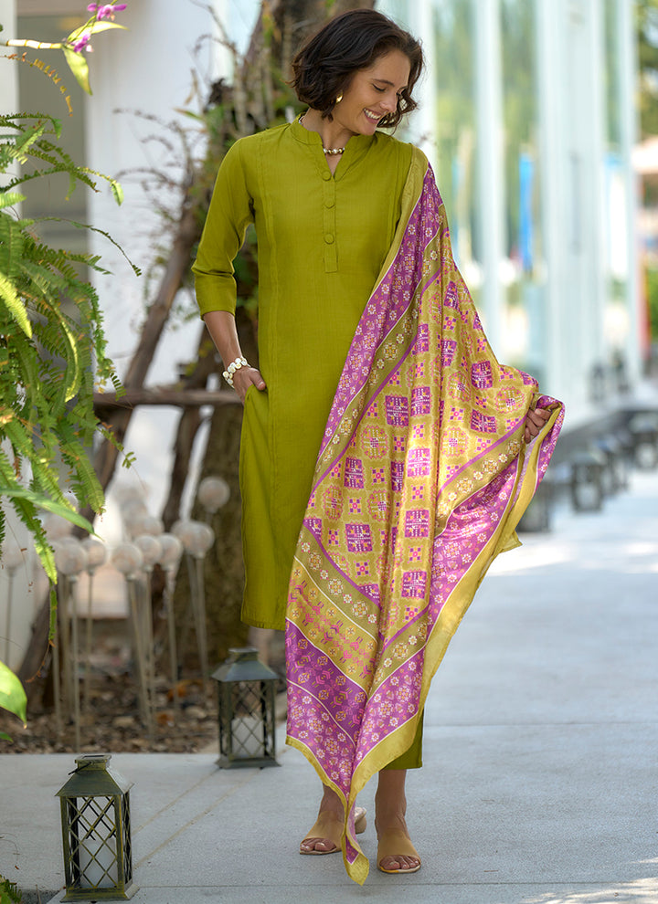 Olive Green Plain Straight Kurta Set With Printed Dupatta