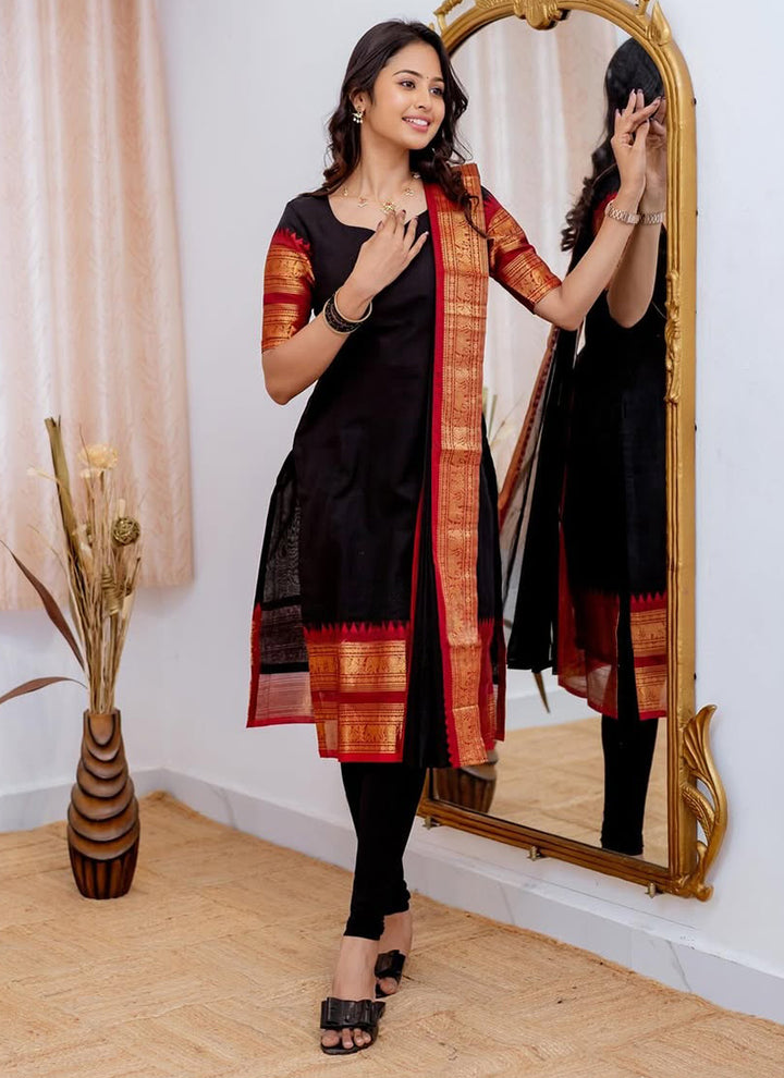 Kanchi Cotton Black Weaving Casual Kurta And Dupatta