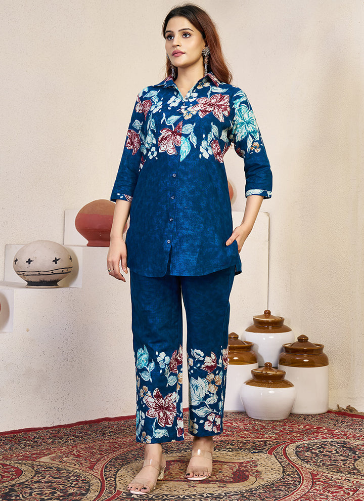Cotton Blue Flower Printed Cord Set For Outwear