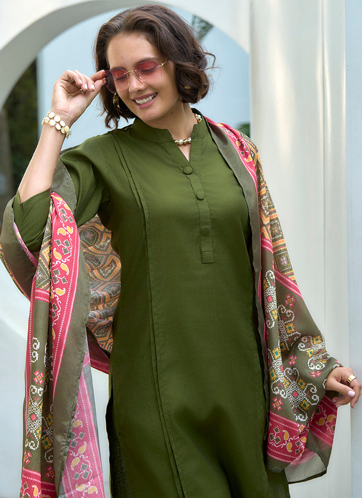 Lively Green Straight Kurta Set With Printed Dupatta