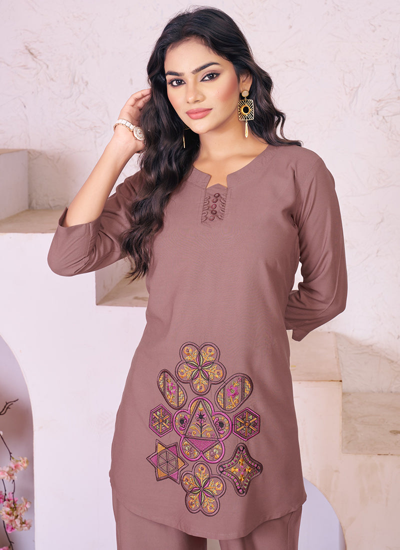 Mauve Rayon Embroidered Cord Set For Festive