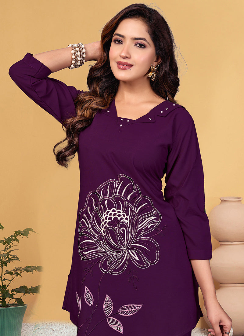 Viscose Rayon Purple V Neck Cord Set For Outwear