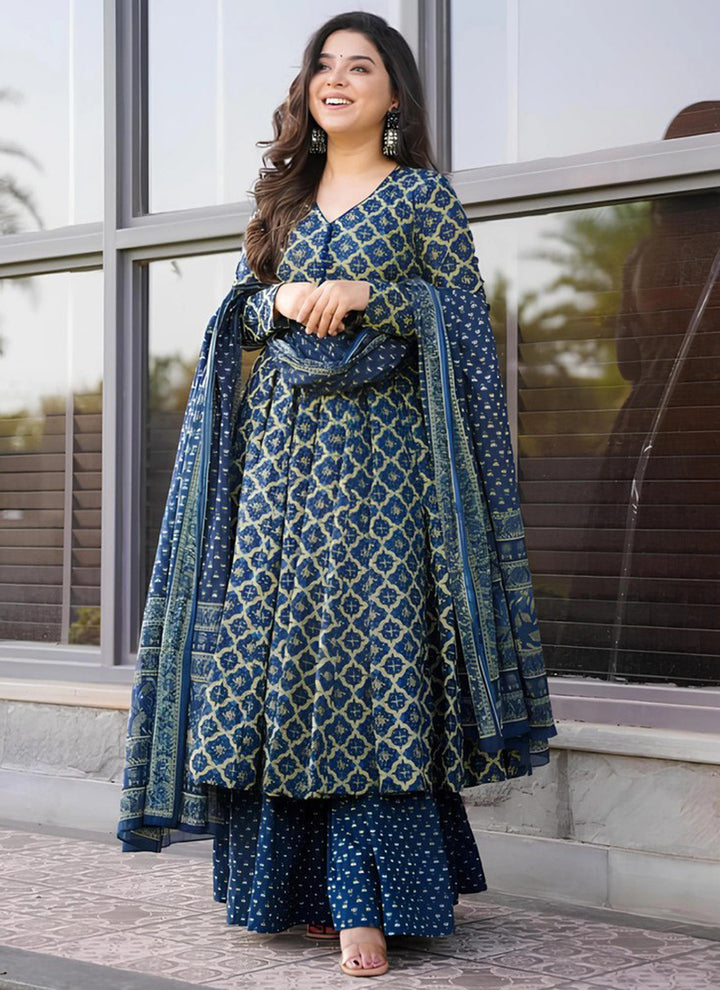 Blue Rayon Printed Plazzo Style Kurta Set