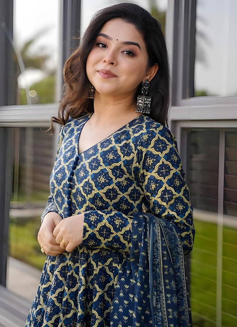 Blue Rayon Printed Plazzo Style Kurta Set