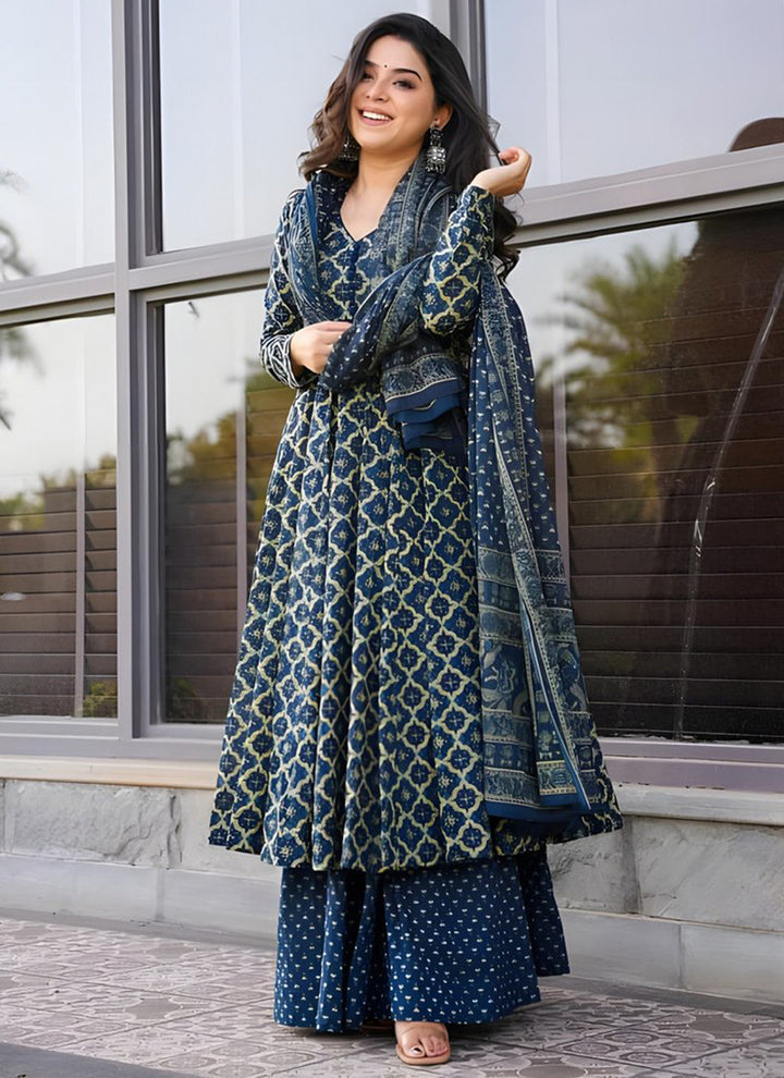 Blue Rayon Printed Plazzo Style Kurta Set