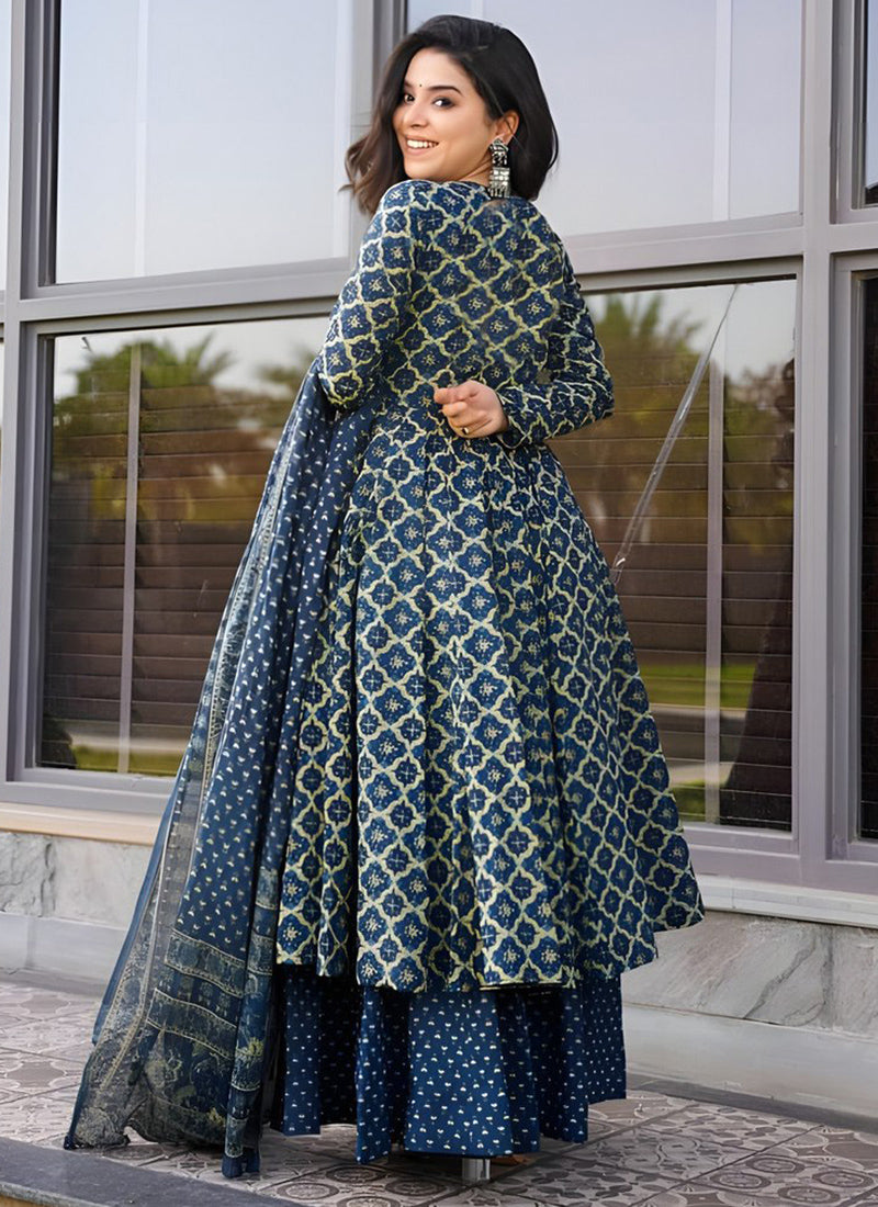 Blue Rayon Printed Plazzo Style Kurta Set