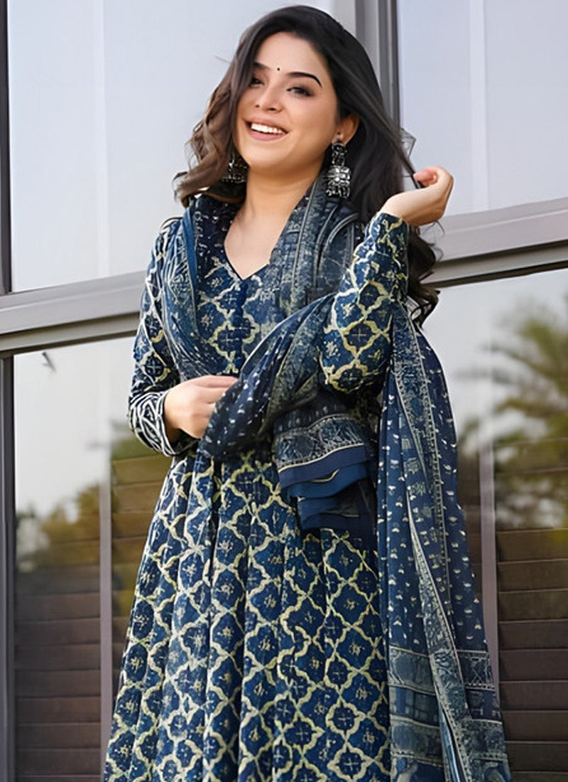 Blue Rayon Printed Plazzo Style Kurta Set