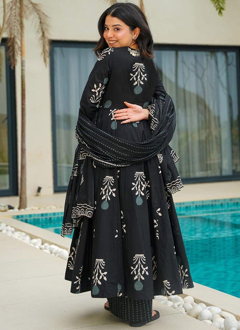 Black Rayon Printed Anarkali Style Kurta Set