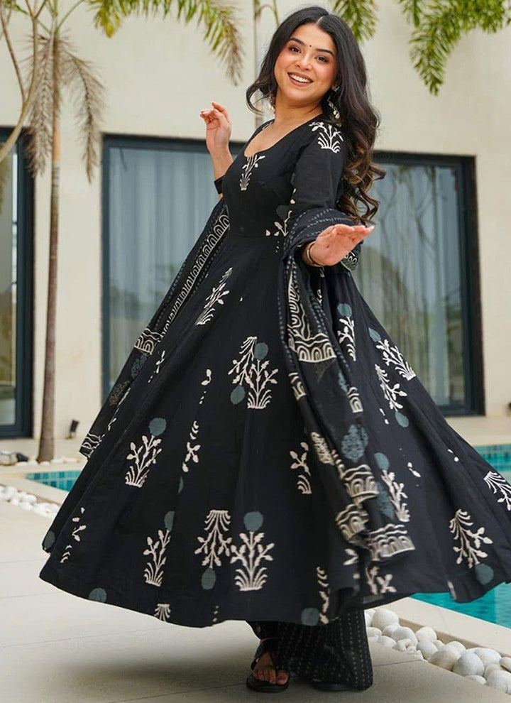 Black Rayon Printed Anarkali Style Kurta Set