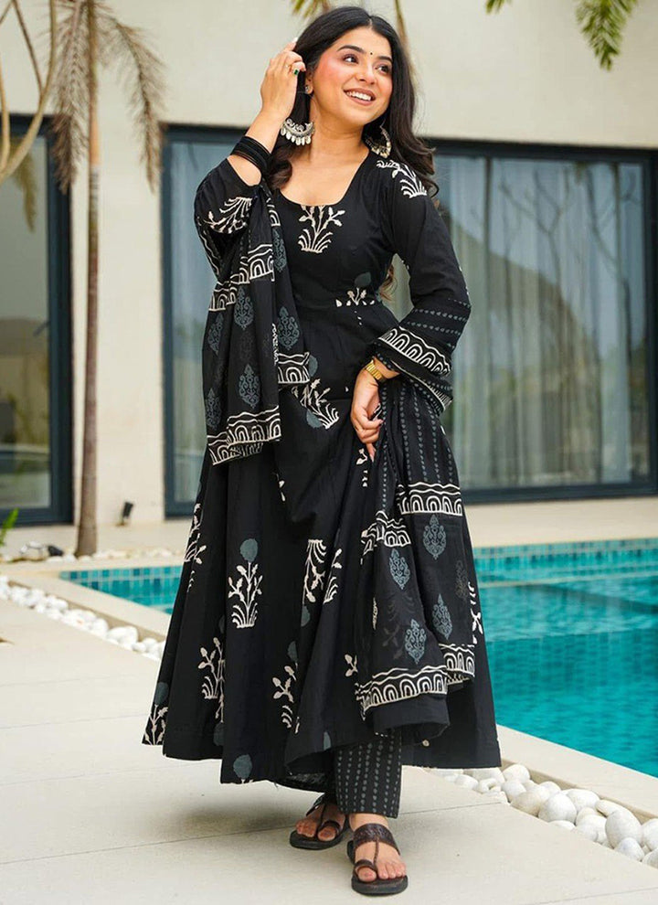 Black Rayon Printed Anarkali Style Kurta Set