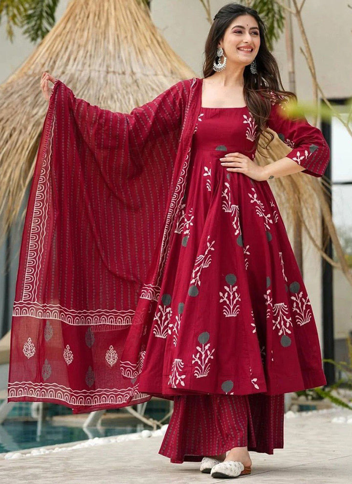 Maroon Rayon Printed Anarkali Style Kurta Set