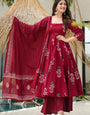 Maroon Rayon Printed Anarkali Style Kurta Set
