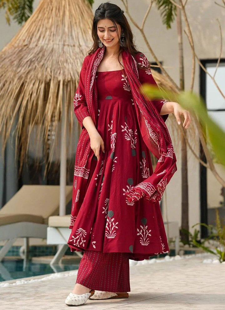 Maroon Rayon Printed Anarkali Style Kurta Set