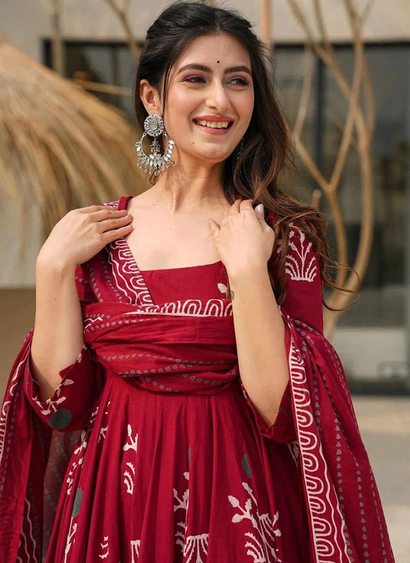 Maroon Rayon Printed Anarkali Style Kurta Set