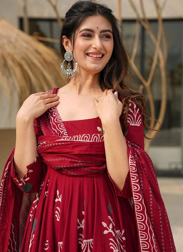 Maroon Rayon Printed Anarkali Style Kurta Set