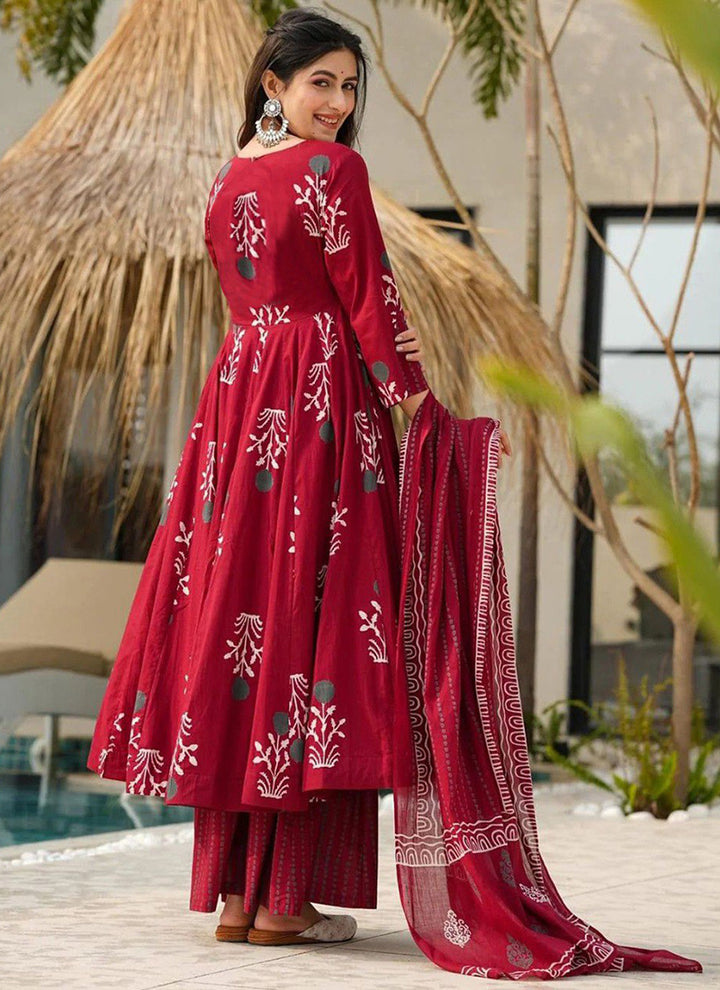 Maroon Rayon Printed Anarkali Style Kurta Set