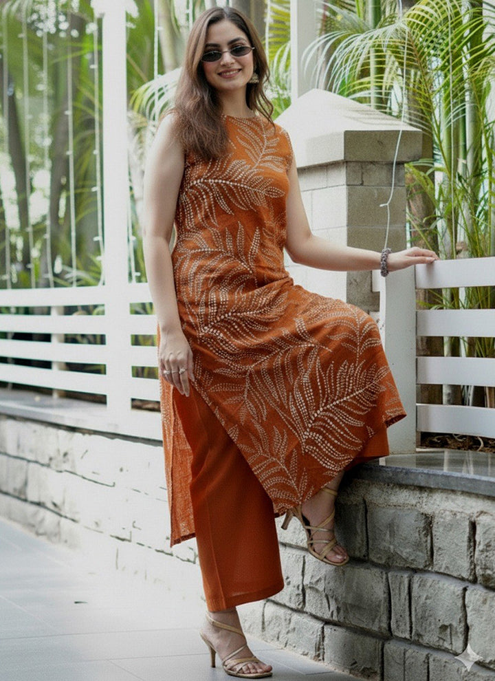 Rust Rayon Printed Kurta With Palazzo Pant