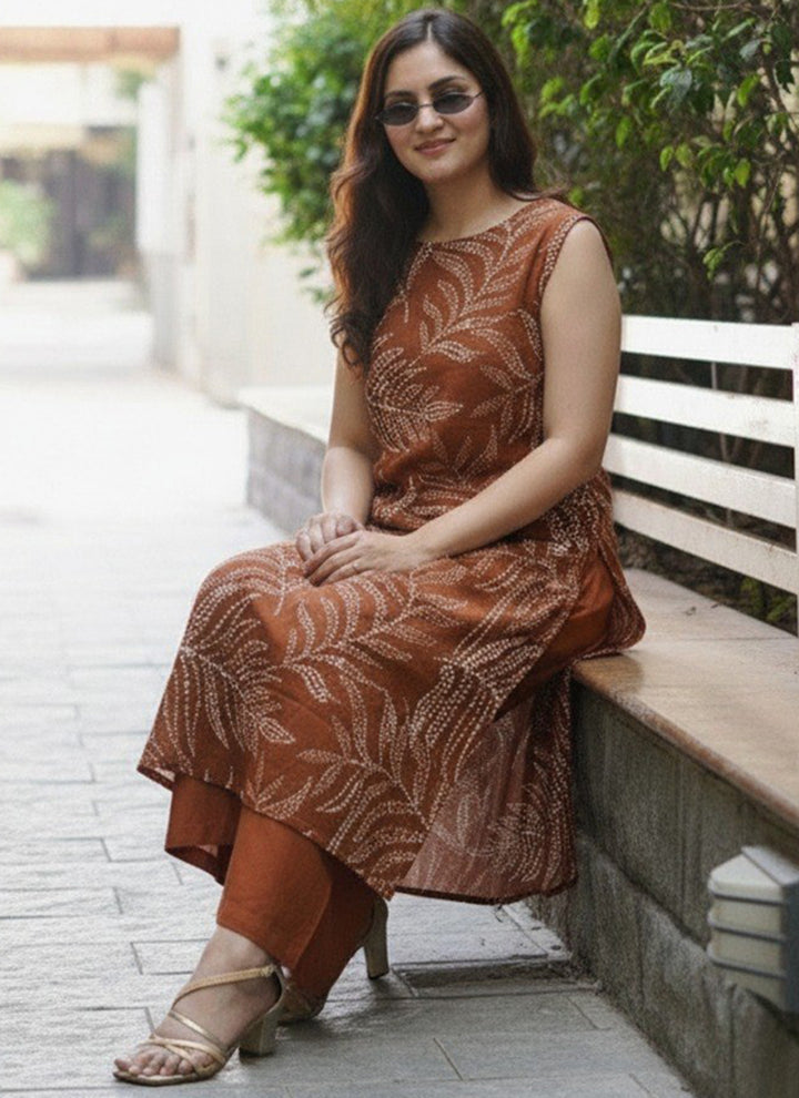 Rust Rayon Printed Kurta With Palazzo Pant