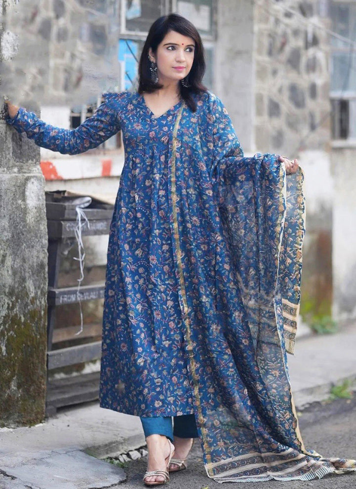 Blue Rayon Printed V Neck Festive Kurta Set