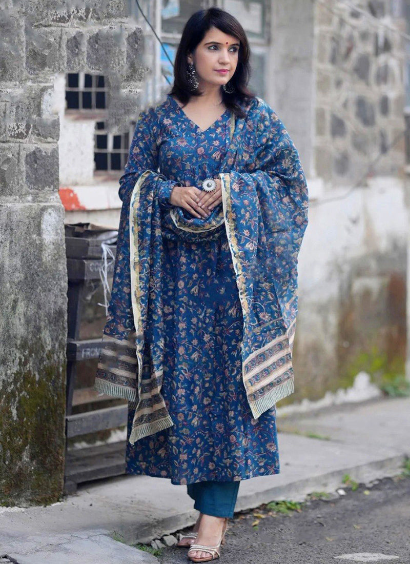 Blue Rayon Printed V Neck Festive Kurta Set