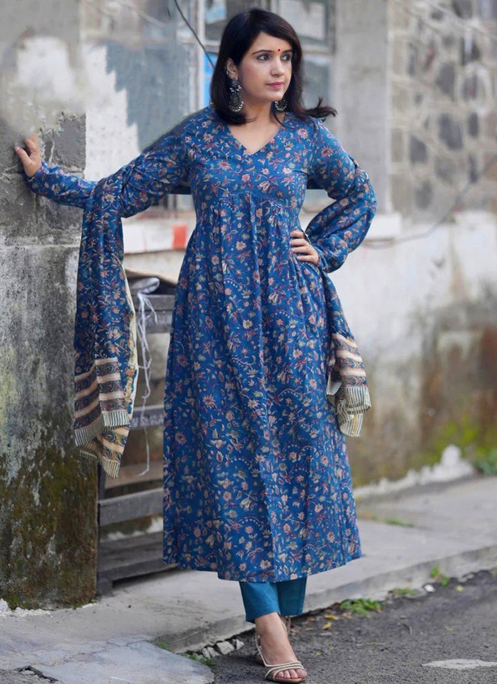 Blue Rayon Printed V Neck Festive Kurta Set