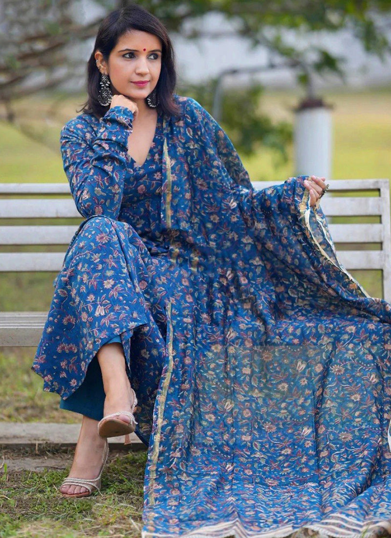 Blue Rayon Printed V Neck Festive Kurta Set