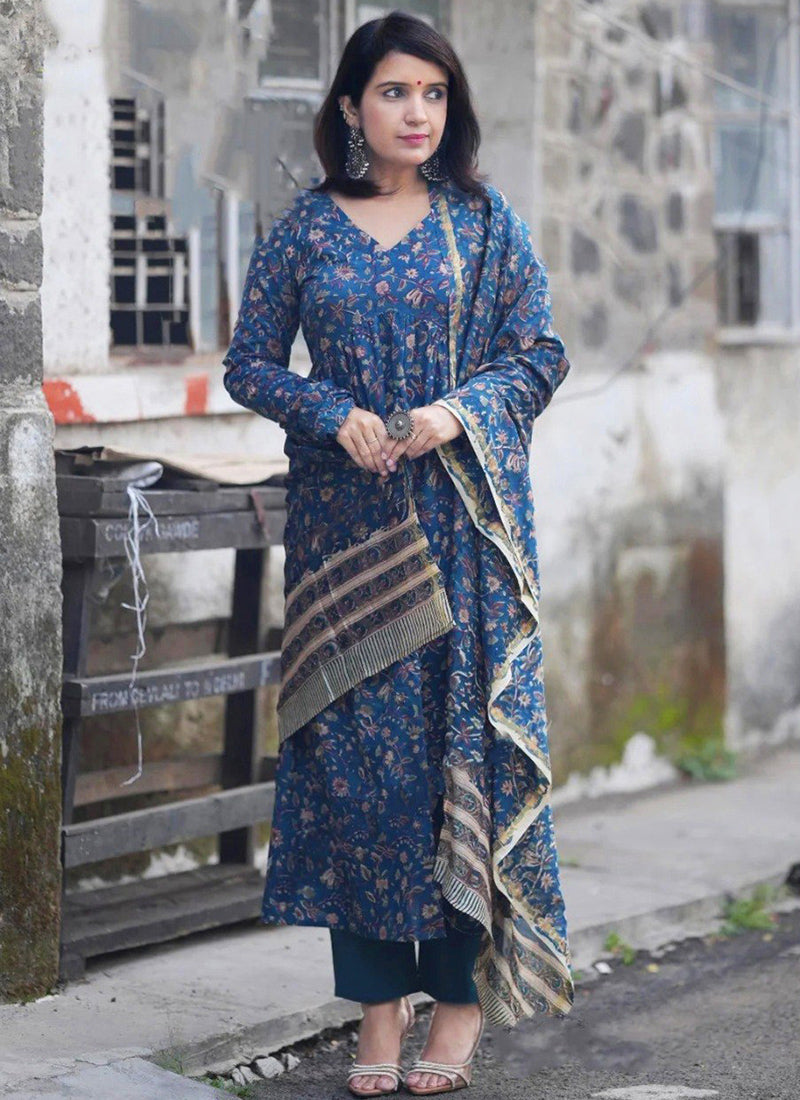 Blue Rayon Printed V Neck Festive Kurta Set