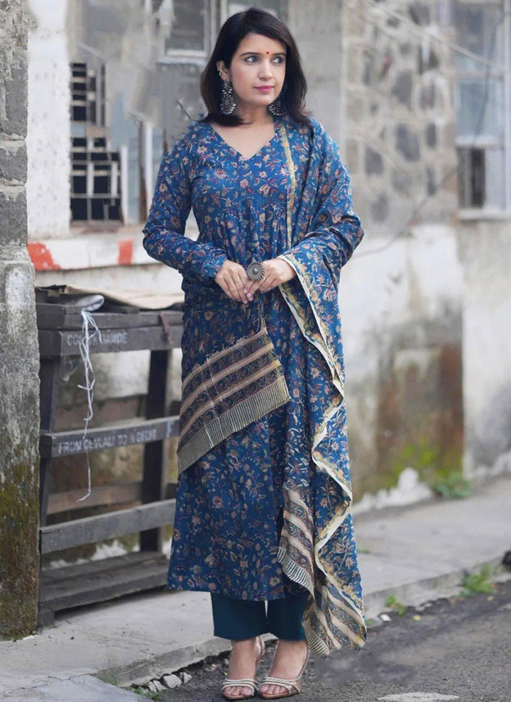 Blue Rayon Printed V Neck Festive Kurta Set
