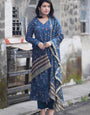 Blue Rayon Printed V Neck Festive Kurta Set