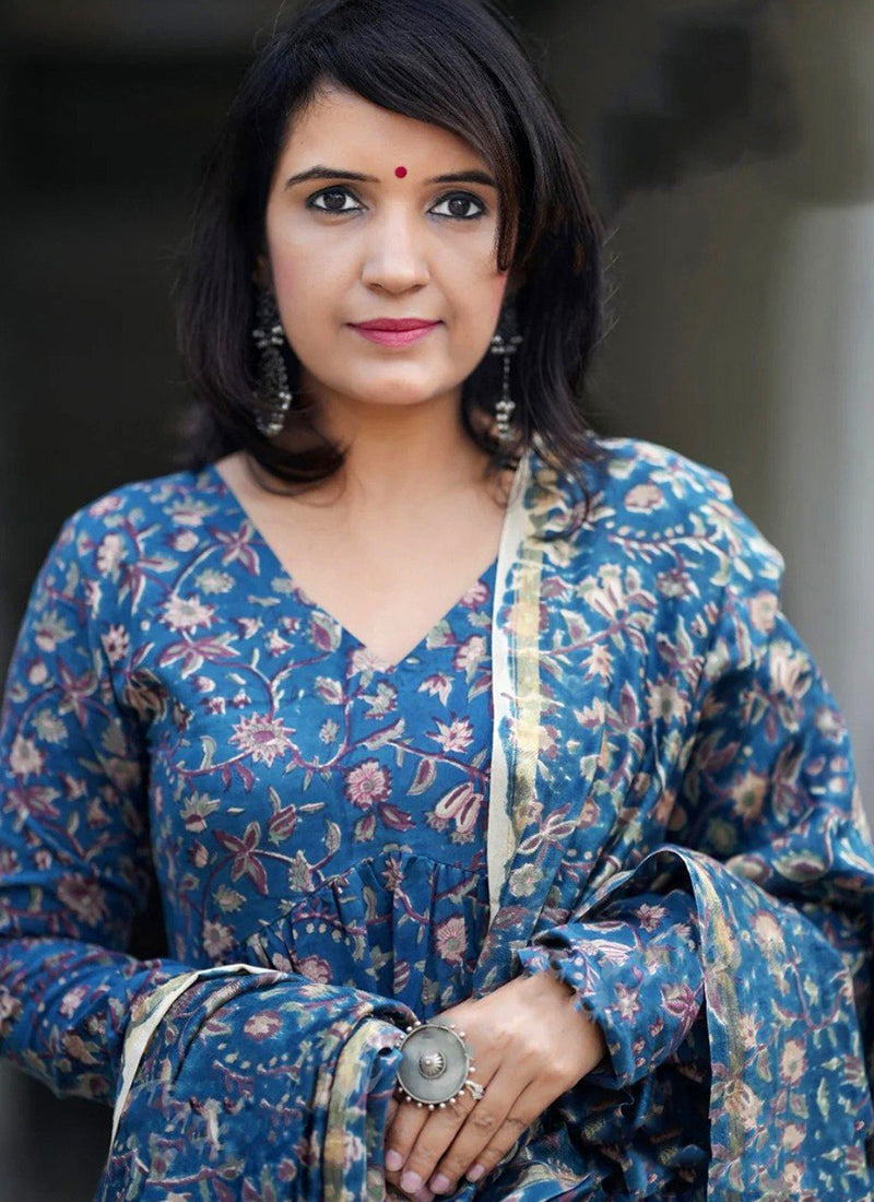 Blue Rayon Printed V Neck Festive Kurta Set
