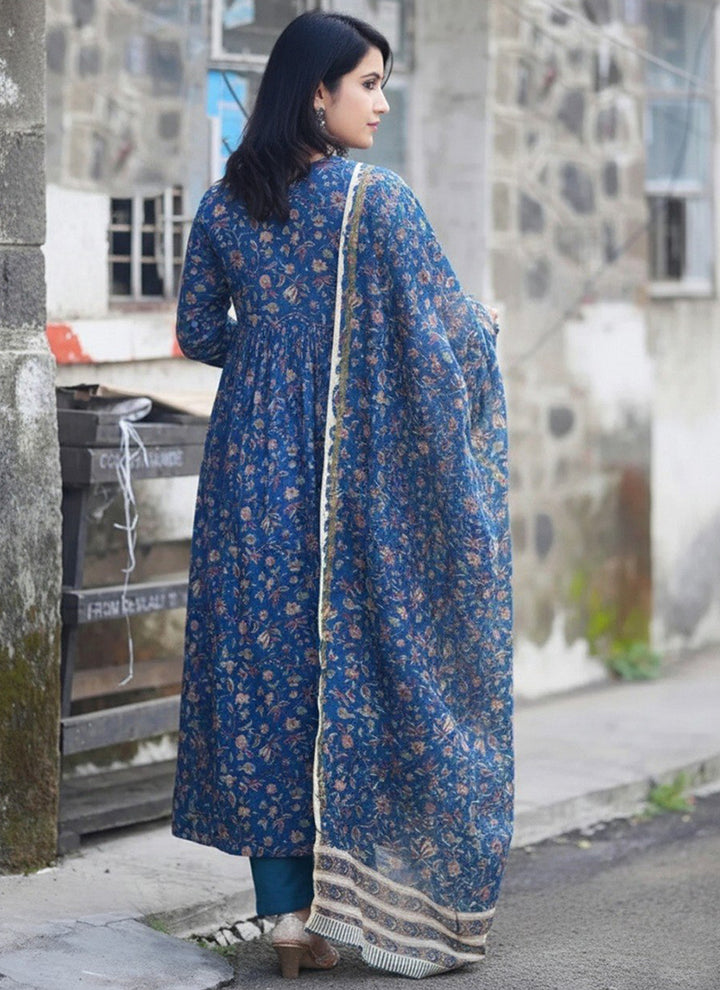 Blue Rayon Printed V Neck Festive Kurta Set