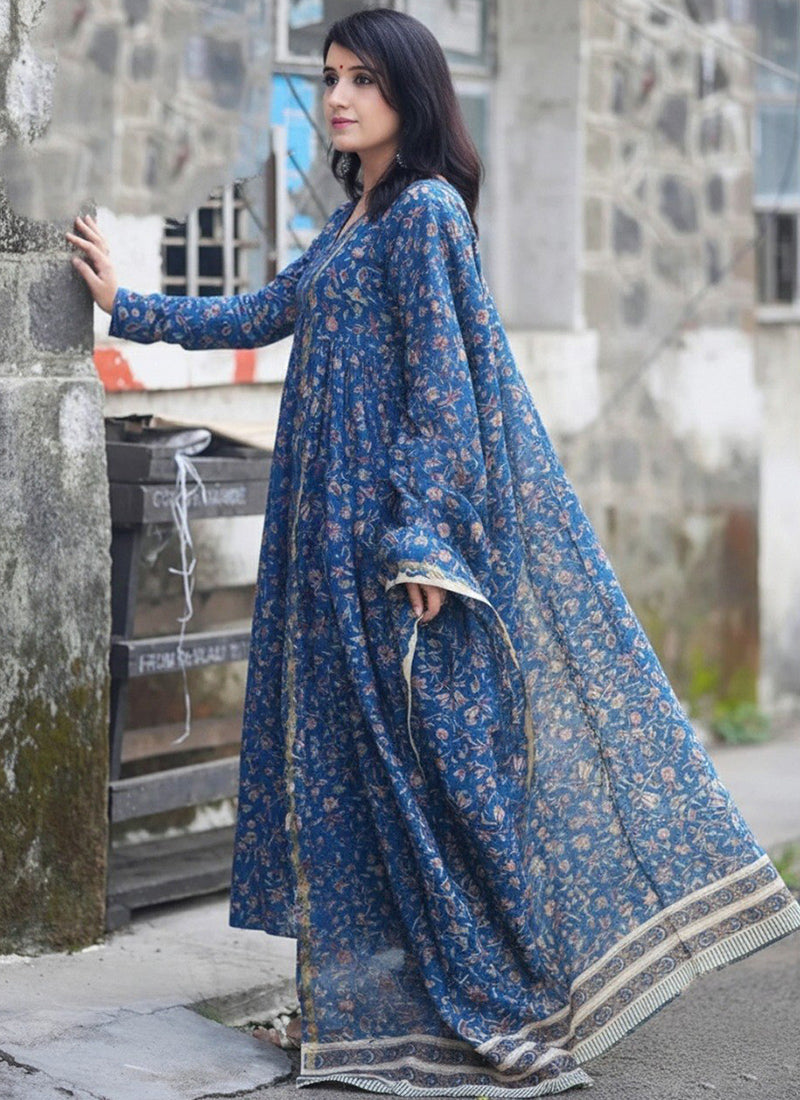 Blue Rayon Printed V Neck Festive Kurta Set