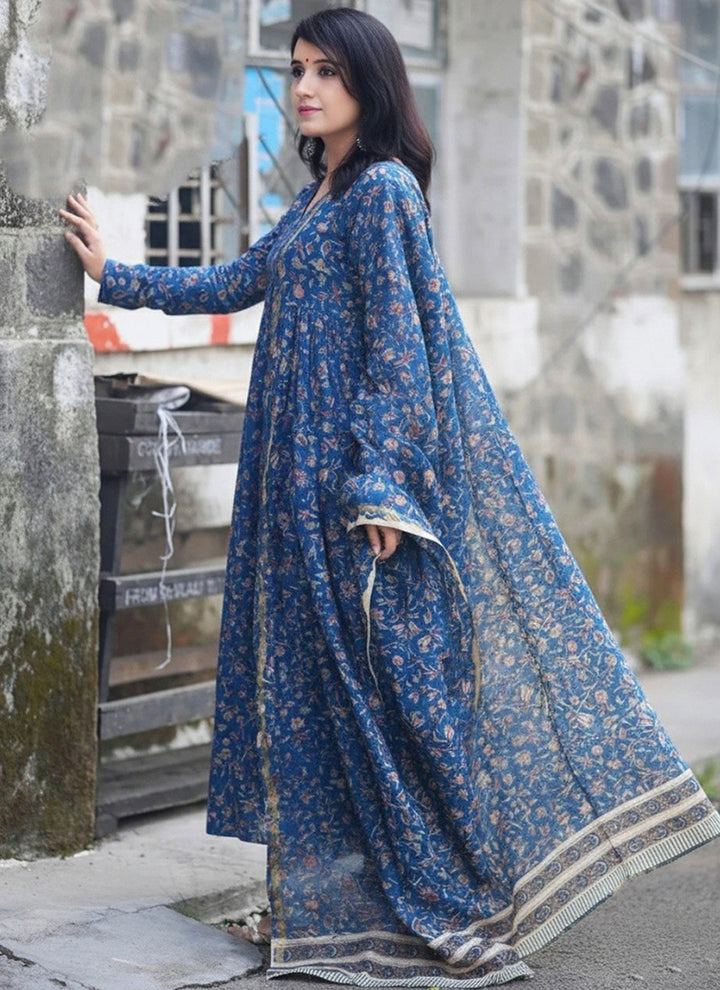 Blue Rayon Printed V Neck Festive Kurta Set