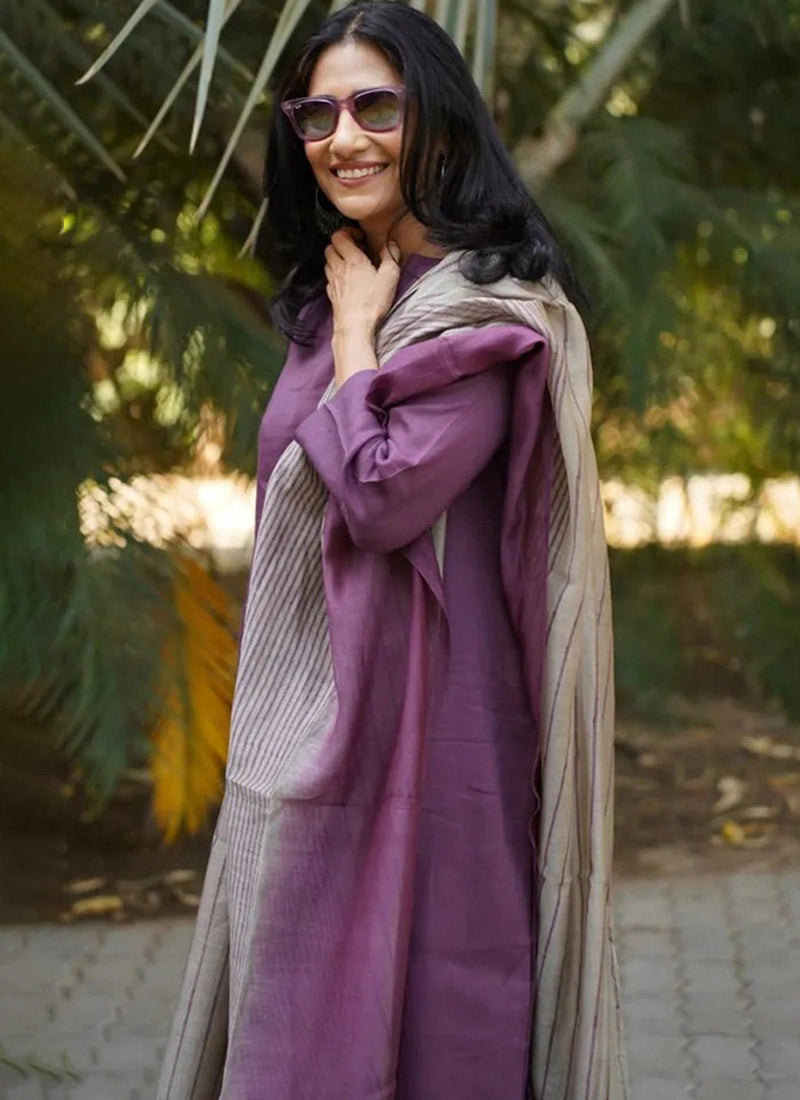 Purple Rayon Printed Outwear Kurta Set