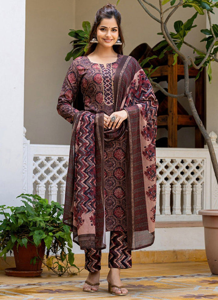 Brown Rayon Printed Traditional Kurta Set
