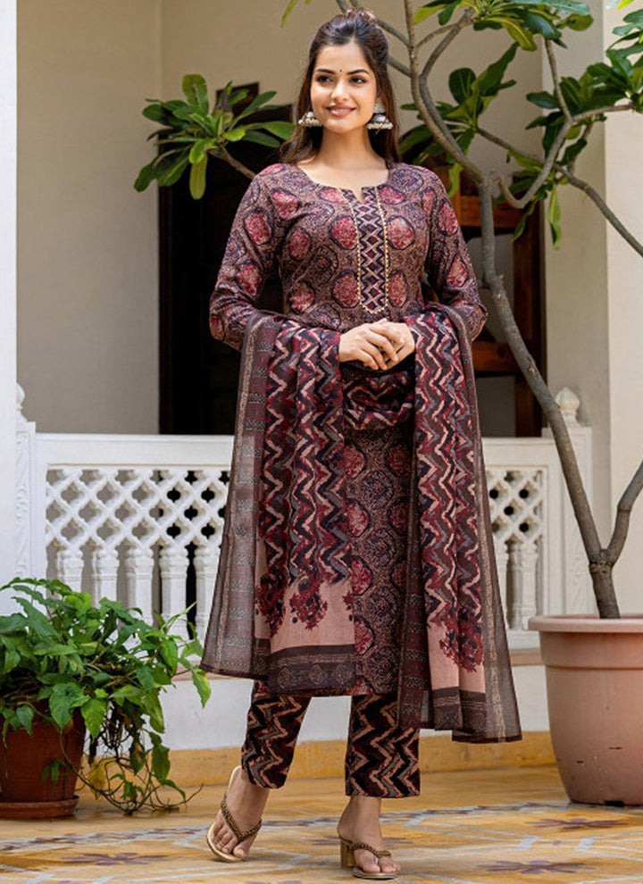 Brown Rayon Printed Traditional Kurta Set