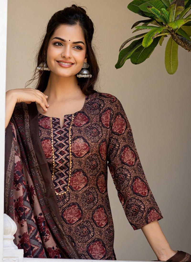 Brown Rayon Printed Traditional Kurta Set