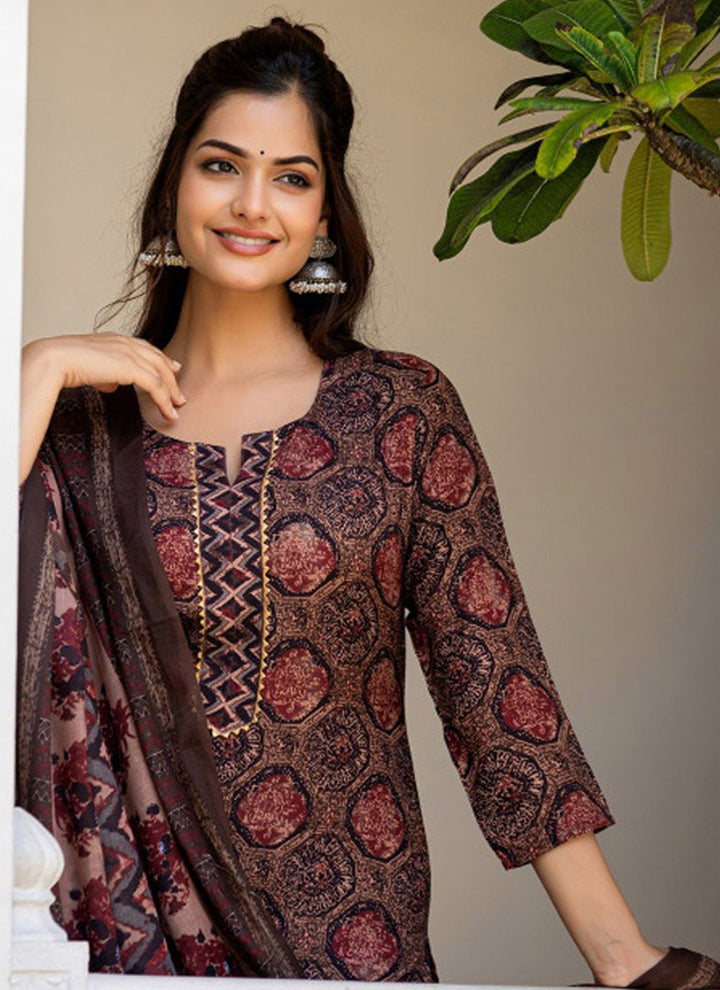 Brown Rayon Printed Traditional Kurta Set