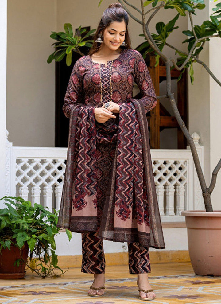Brown Rayon Printed Traditional Kurta Set