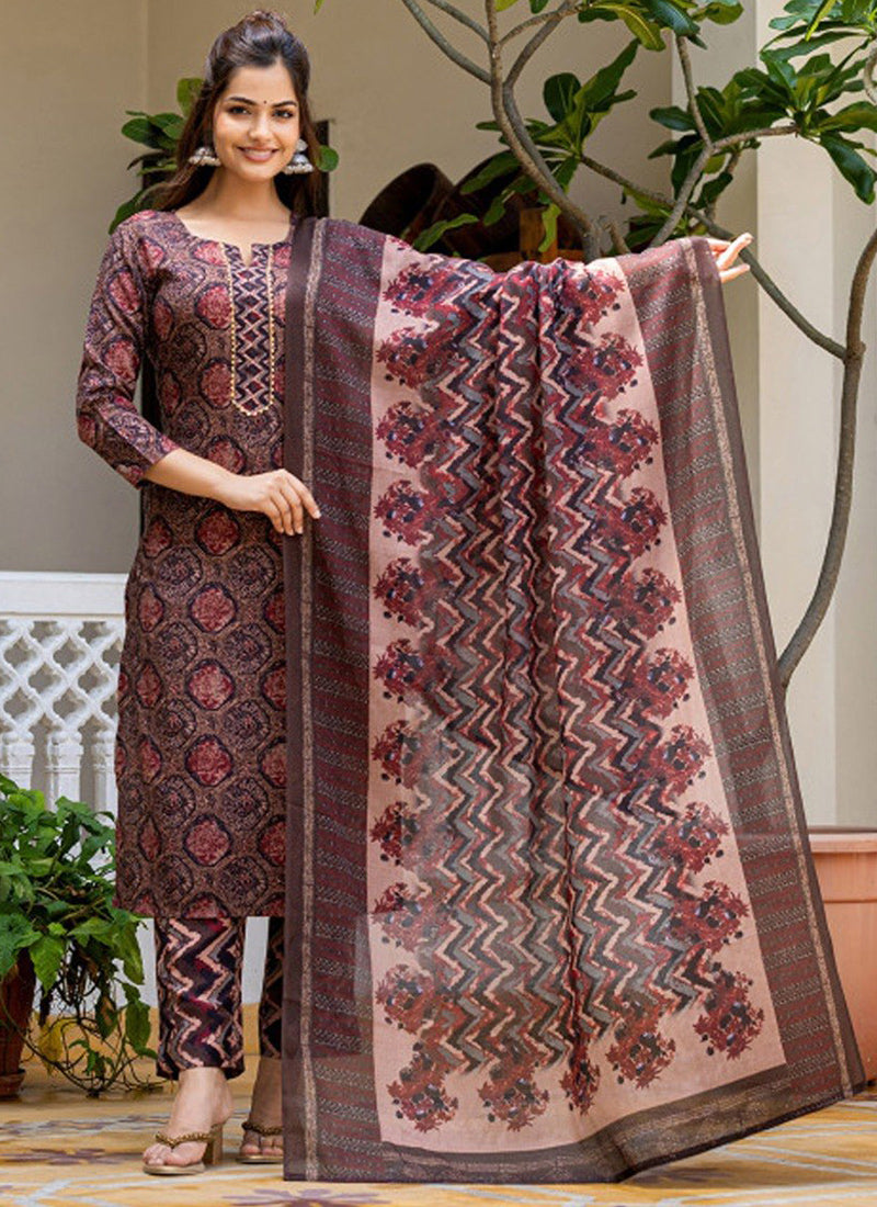 Brown Rayon Printed Traditional Kurta Set