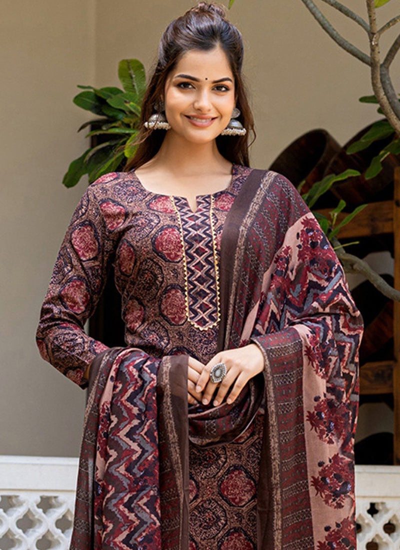 Brown Rayon Printed Traditional Kurta Set