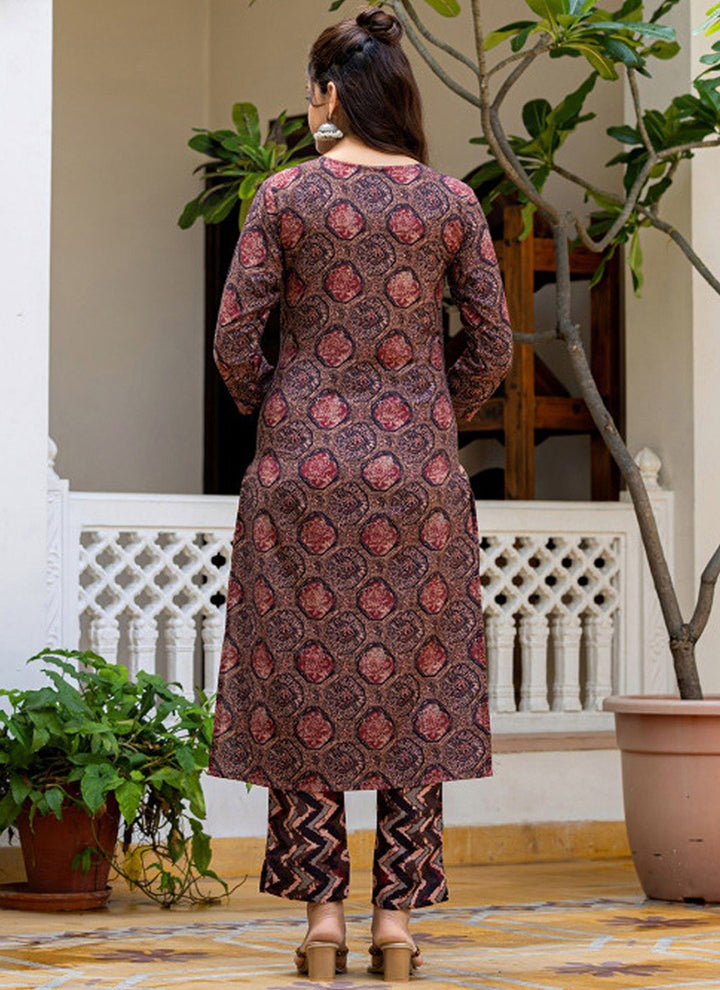 Brown Rayon Printed Traditional Kurta Set
