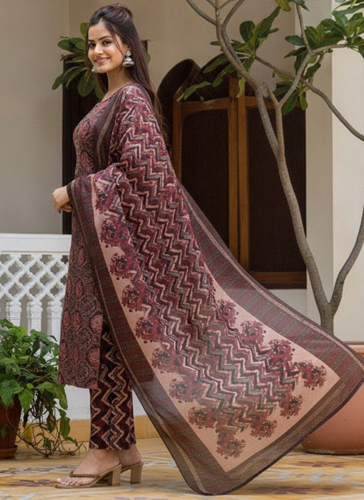 Brown Rayon Printed Traditional Kurta Set