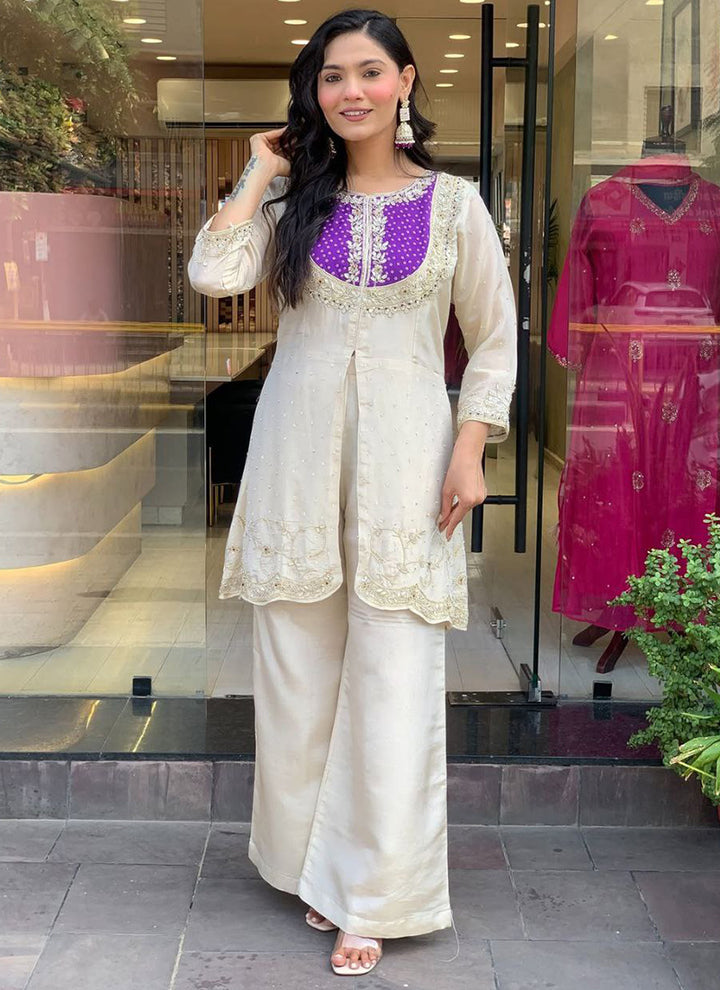 Off White And Purple Embroidered Kurta With Palazzo Pant