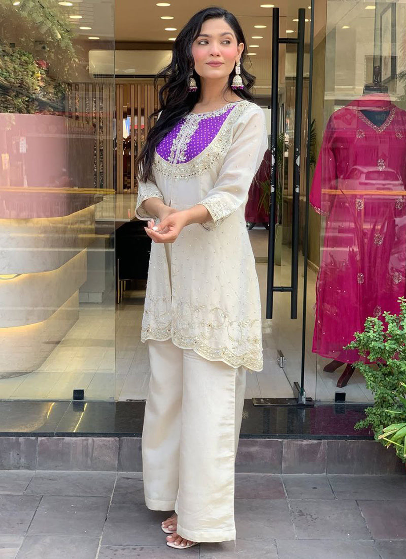 Off White And Purple Embroidered Kurta With Palazzo Pant