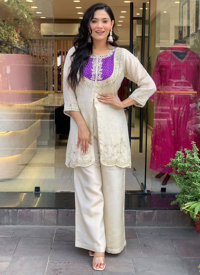 Off White And Purple Embroidered Kurta With Palazzo Pant
