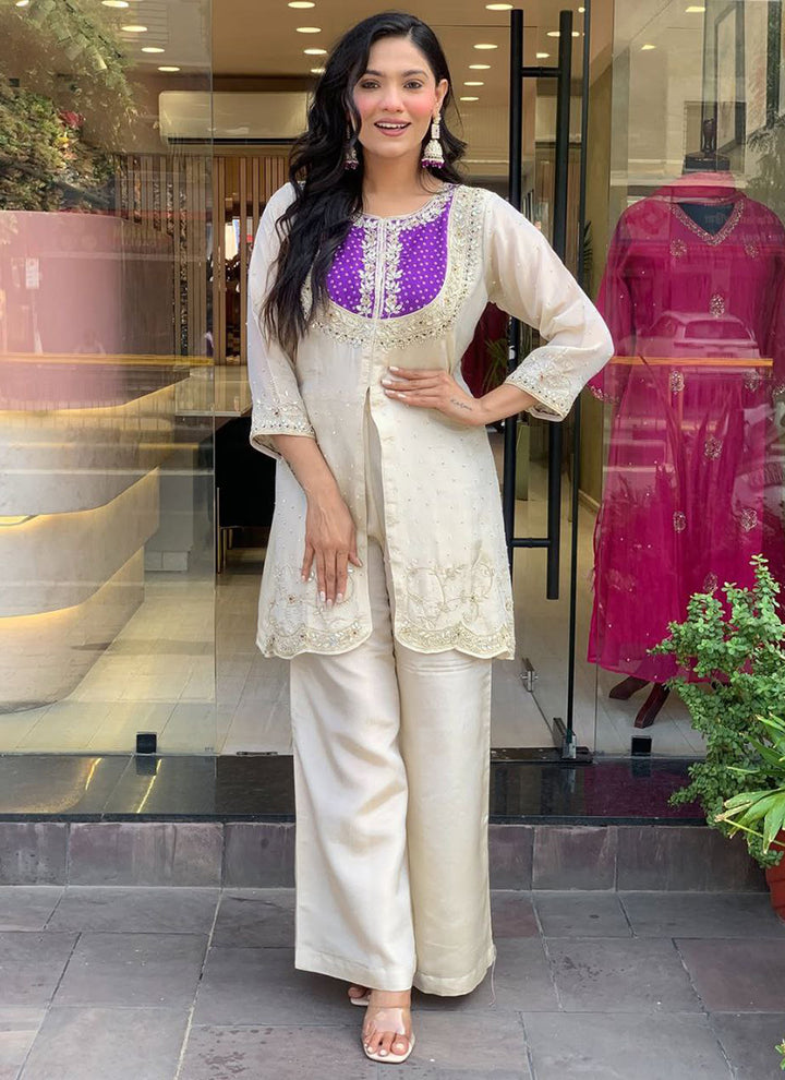 Off White And Purple Embroidered Kurta With Palazzo Pant