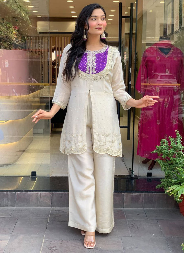 Off White And Purple Embroidered Kurta With Palazzo Pant