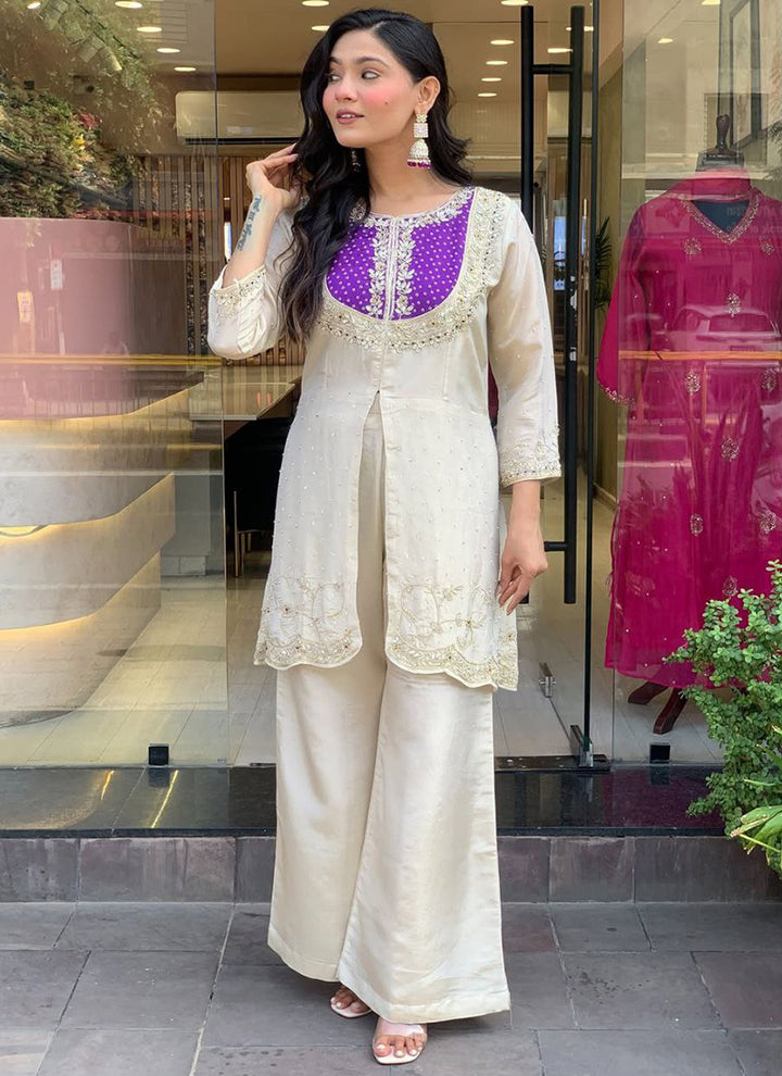 Off White And Purple Embroidered Kurta With Palazzo Pant